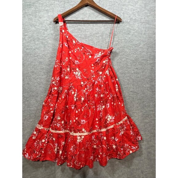 Free People All Mine Red Floral One Shoulder Mini Dress S Linen Blend - Picture 5 of 6
